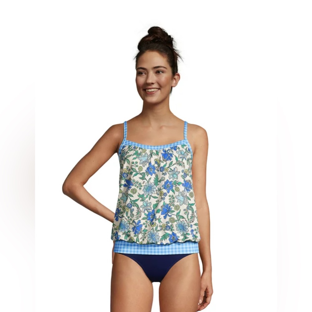 Lands' End Blue Floral Blouson Tummy Hiding Tankini Size 2 NWT